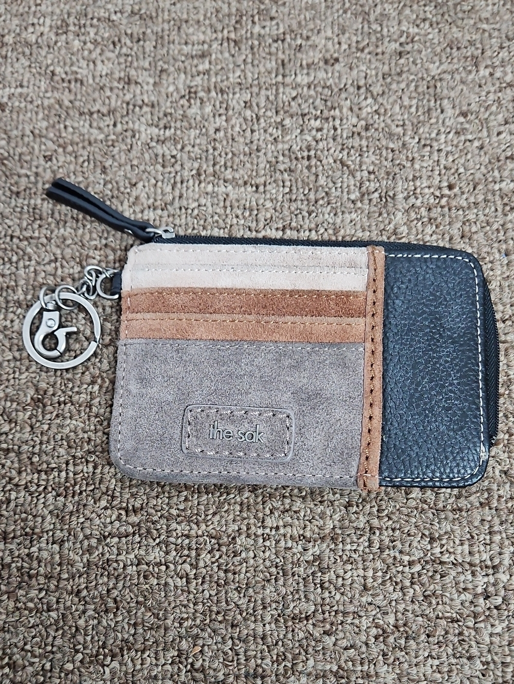 The Sak Iris Black Leather Colored Suede Card Wallet Holds 7 Cards Keychain